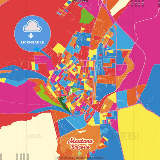 Montana, Montana Province, Bulgaria Crazy Colorful Street Map Poster Template