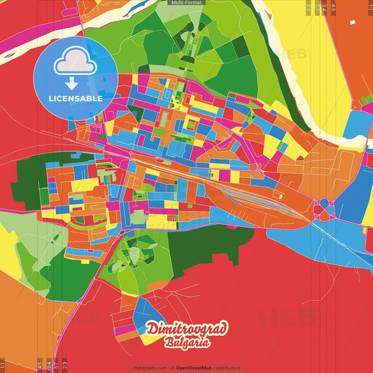 Dimitrovgrad, Haskovo Province, Bulgaria Crazy Colorful Street Map Poster Template