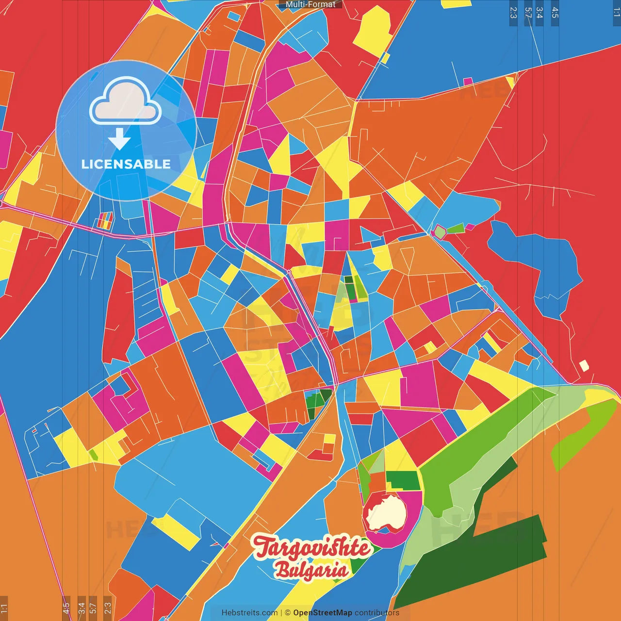 Targovishte, Targovishte Province, Bulgaria Crazy Colorful Street Map Poster Template
