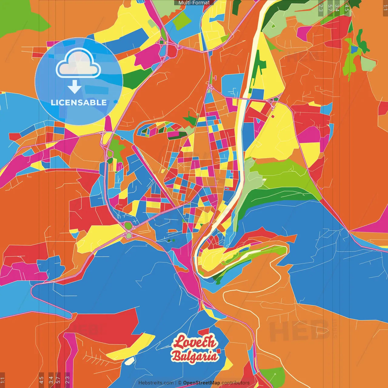 Lovech, Lovech Province, Bulgaria Crazy Colorful Street Map Poster Template