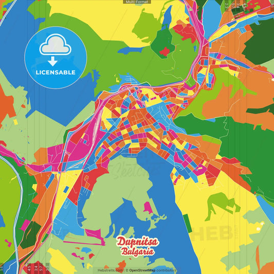 Dupnitsa, Kyustendil Province, Bulgaria Crazy Colorful Street Map Poster Template