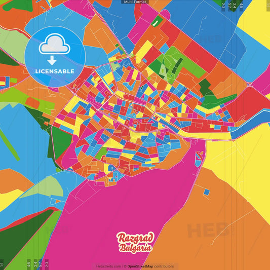 Razgrad, Razgrad Province, Bulgaria Crazy Colorful Street Map Poster Template