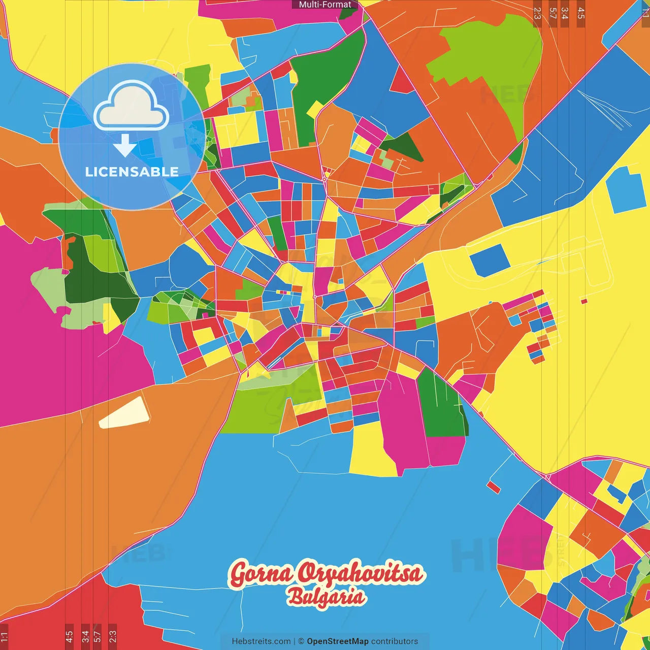 Gorna Oryahovitsa, Veliko Tarnovo Province, Bulgaria Crazy Colorful Street Map Poster Template