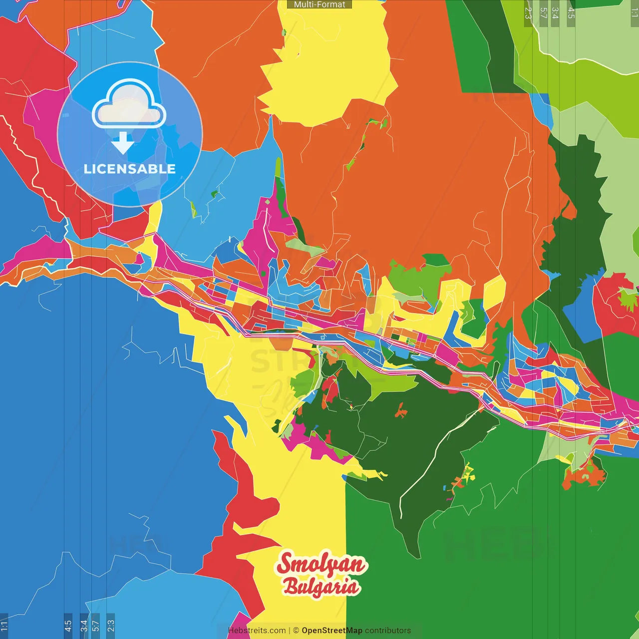 Smolyan, Smolyan Province, Bulgaria Crazy Colorful Street Map Poster Template