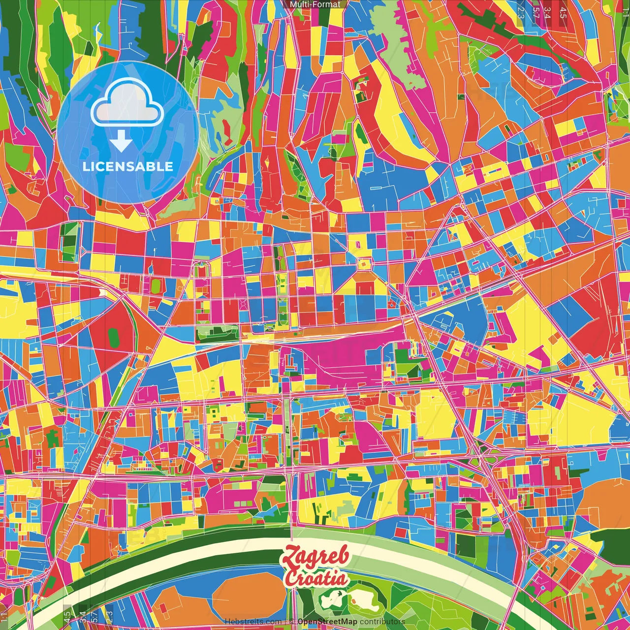Zagreb, Zagreb, Croatia Crazy Colorful Street Map Poster Template
