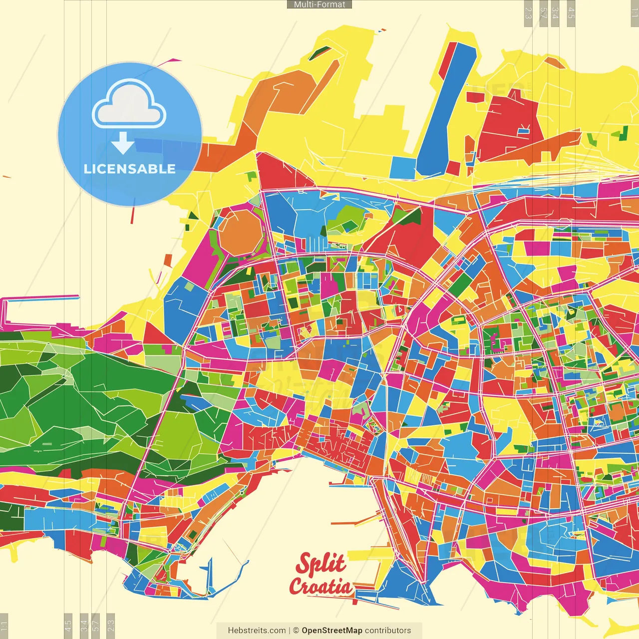 Split, Split-Dalmatia, Croatia Crazy Colorful Street Map Poster Template