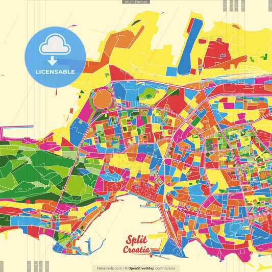 Split, Split-Dalmatia, Croatia Crazy Colorful Street Map Poster Template