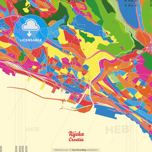 Rijeka, Primorje-Gorski Kotar, Croatia Crazy Colorful Street Map Poster Template