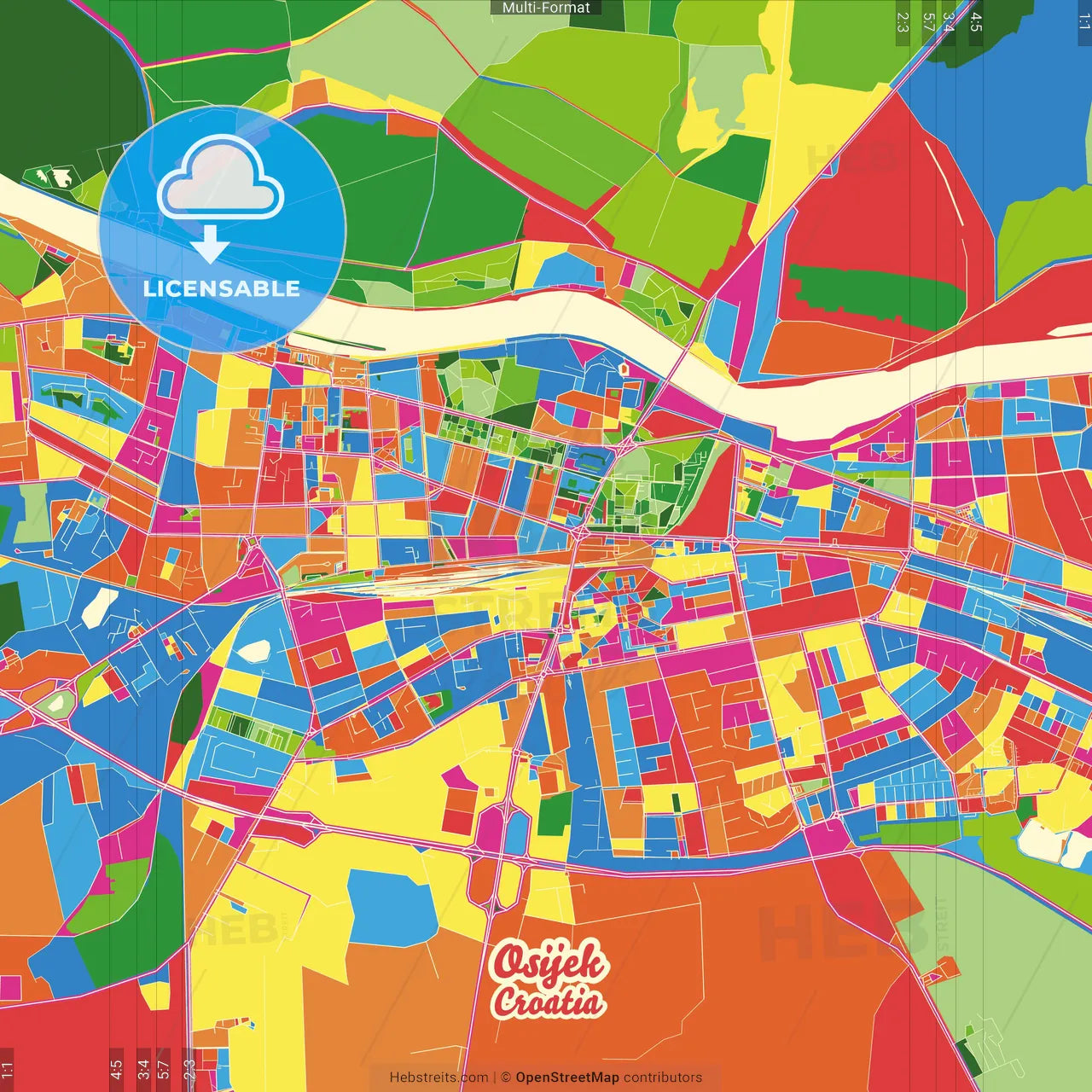 Osijek, Osijek-Baranja, Croatia Crazy Colorful Street Map Poster Template