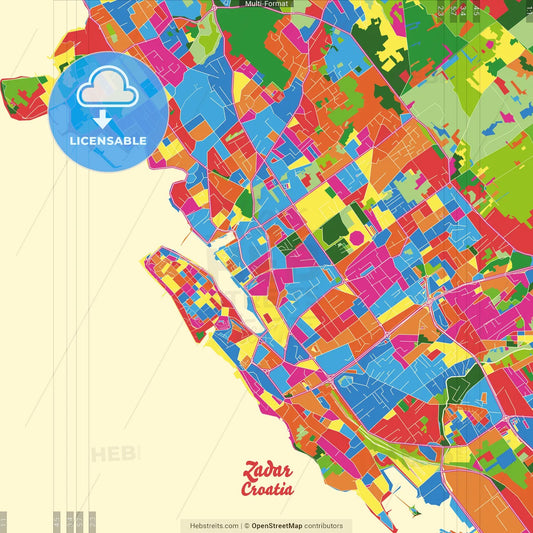 Zadar, Zadar County, Croatia Crazy Colorful Street Map Poster Template