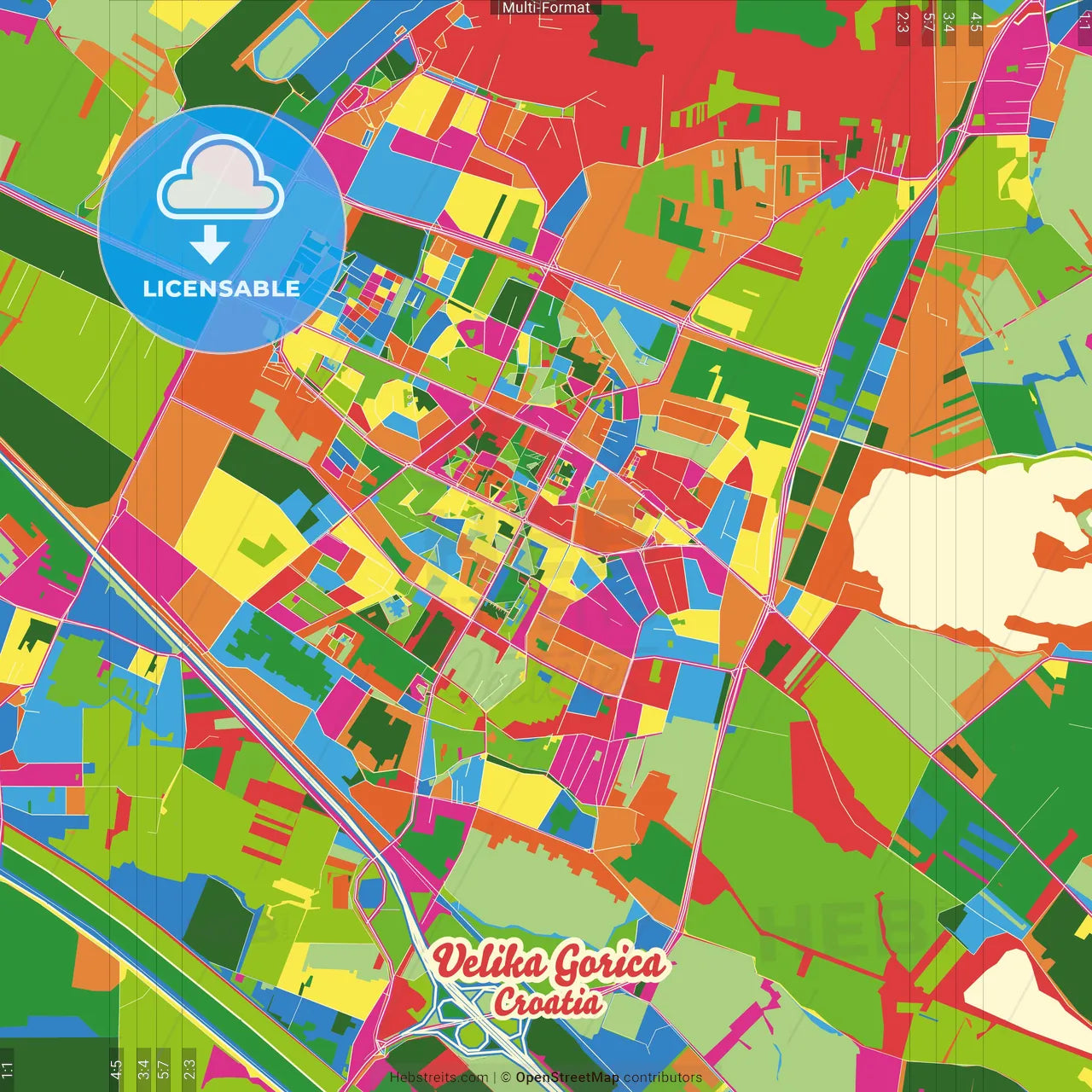 Velika Gorica, Zagreb County, Croatia Crazy Colorful Street Map Poster Template