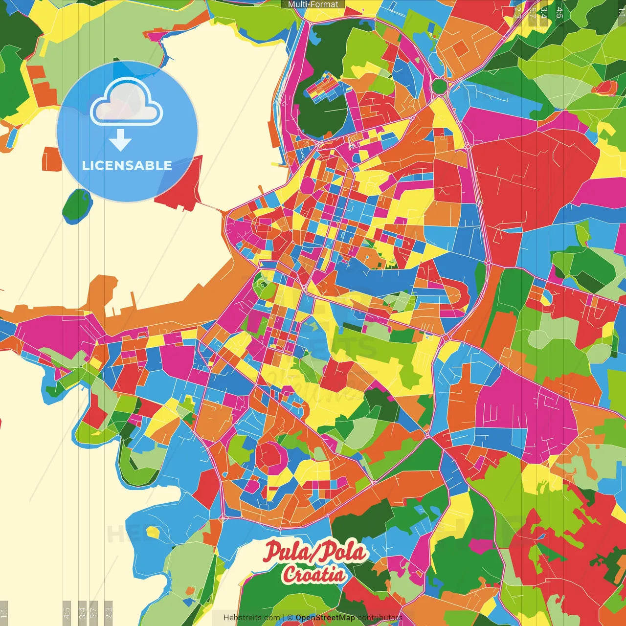 Pula/Pola, Istria County, Croatia Crazy Colorful Street Map Poster Template