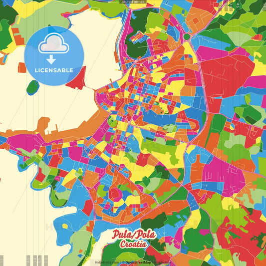Pula/Pola, Istria County, Croatia Crazy Colorful Street Map Poster Template