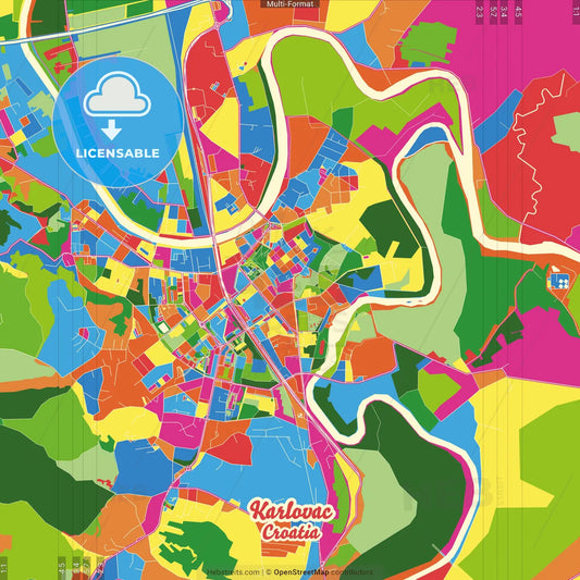 Karlovac, Karlovac County, Croatia Crazy Colorful Street Map Poster Template