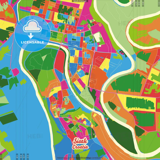 Sisak, Sisak-Moslavina, Croatia Crazy Colorful Street Map Poster Template