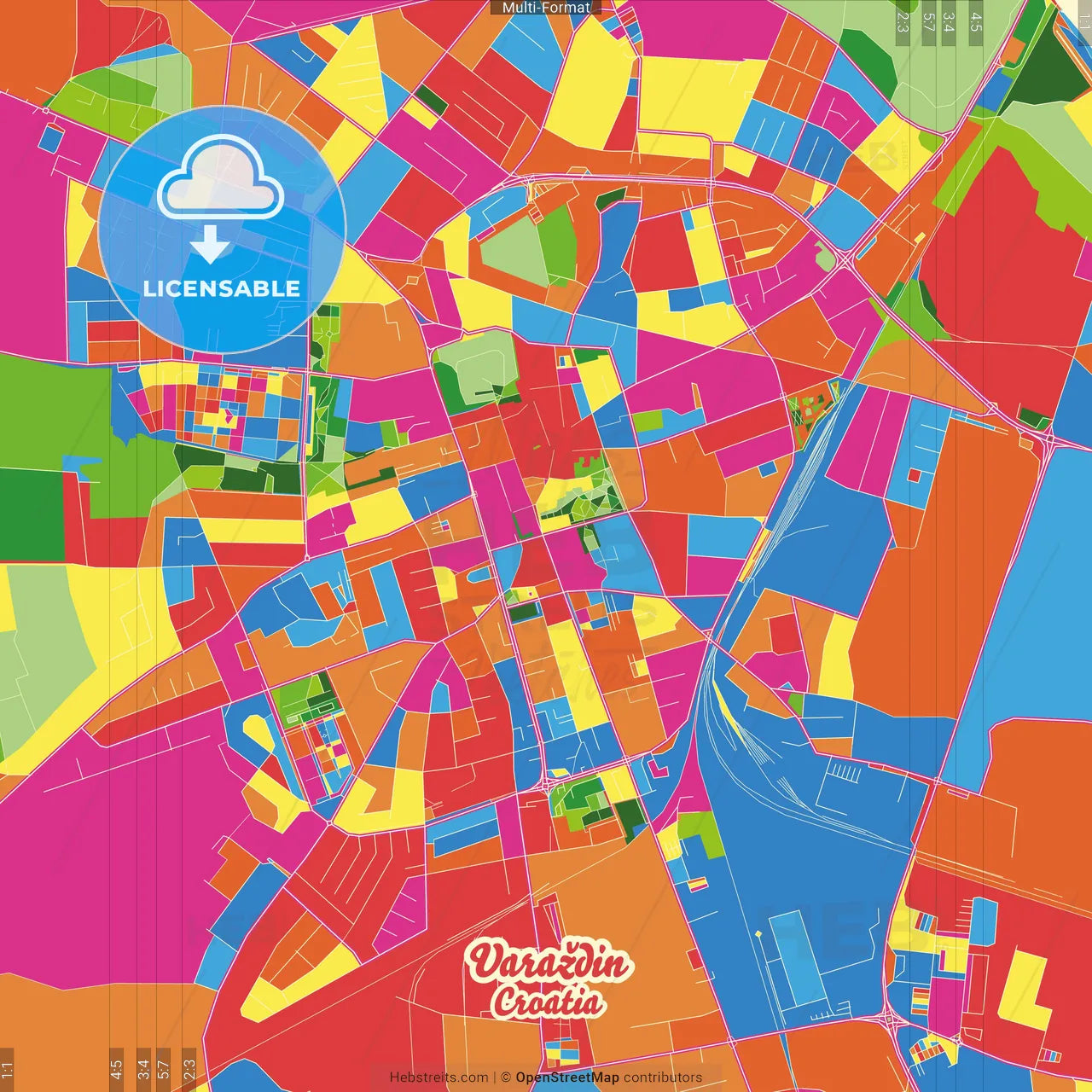 Varaždin, Varaždin County, Croatia Crazy Colorful Street Map Poster Template