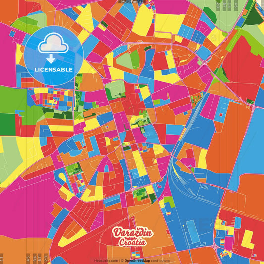Varaždin, Varaždin County, Croatia Crazy Colorful Street Map Poster Template