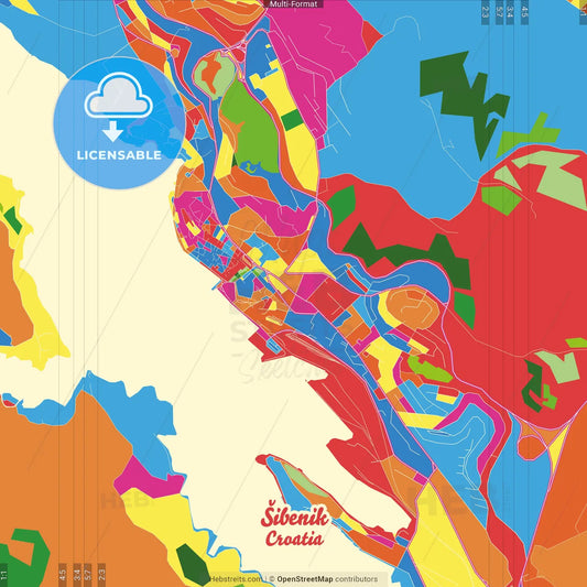 Šibenik, Šibenik-Knin, Croatia Crazy Colorful Street Map Poster Template