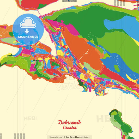 Dubrovnik, Dubrovnik-Neretva, Croatia Crazy Colorful Street Map Poster Template