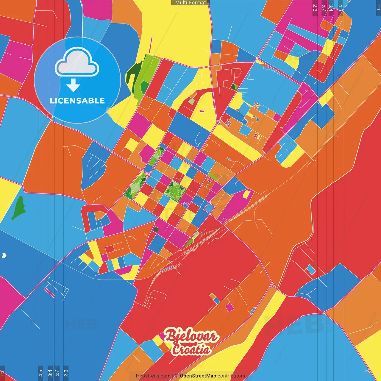 Bjelovar, Bjelovar-Bilogora, Croatia Crazy Colorful Street Map Poster Template