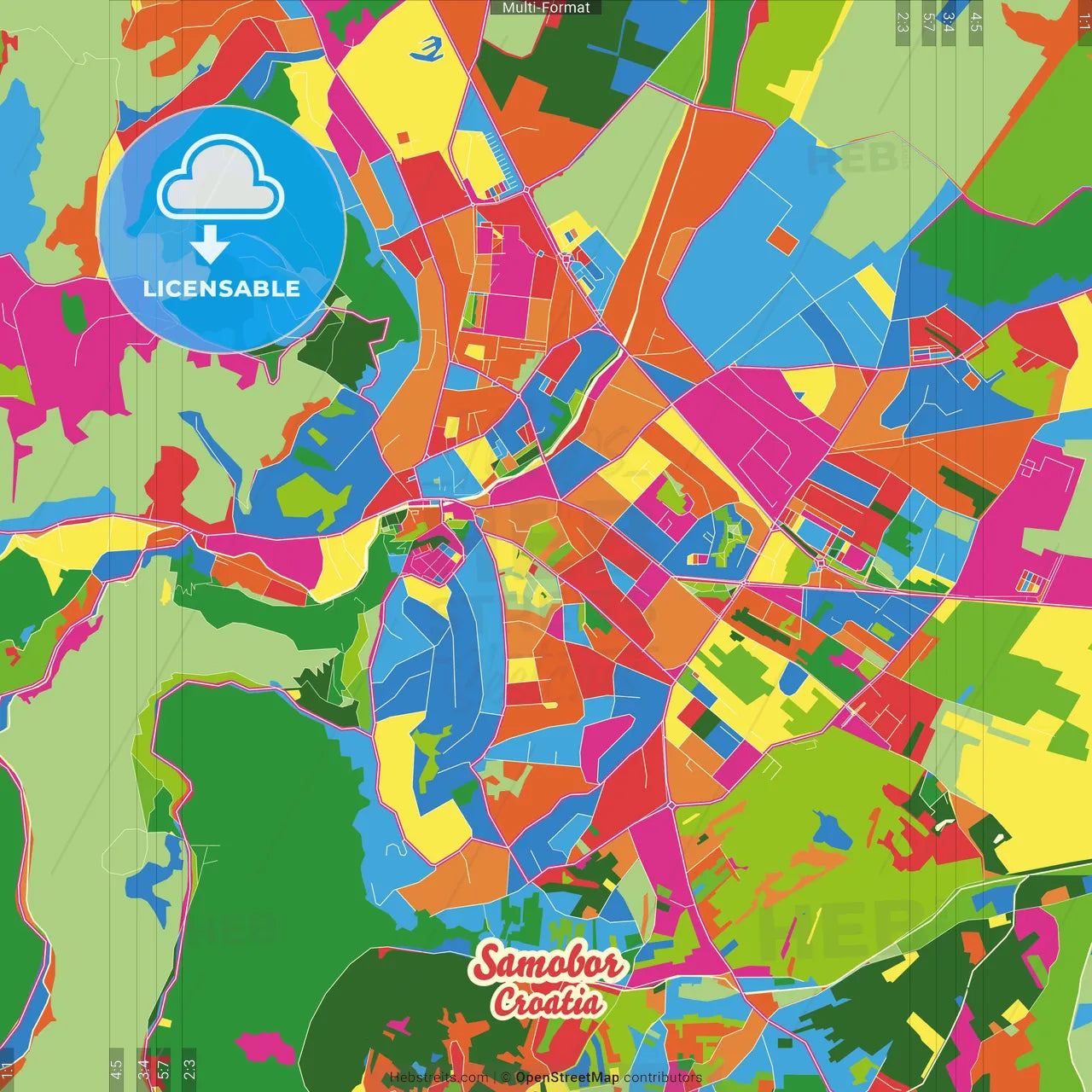 Samobor, Zagreb County, Croatia Crazy Colorful Street Map Poster Template