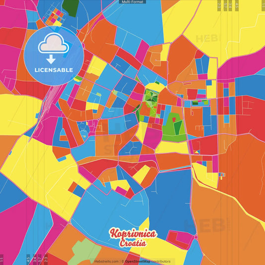 Koprivnica, Koprivnica-Križevci, Croatia Crazy Colorful Street Map Poster Template