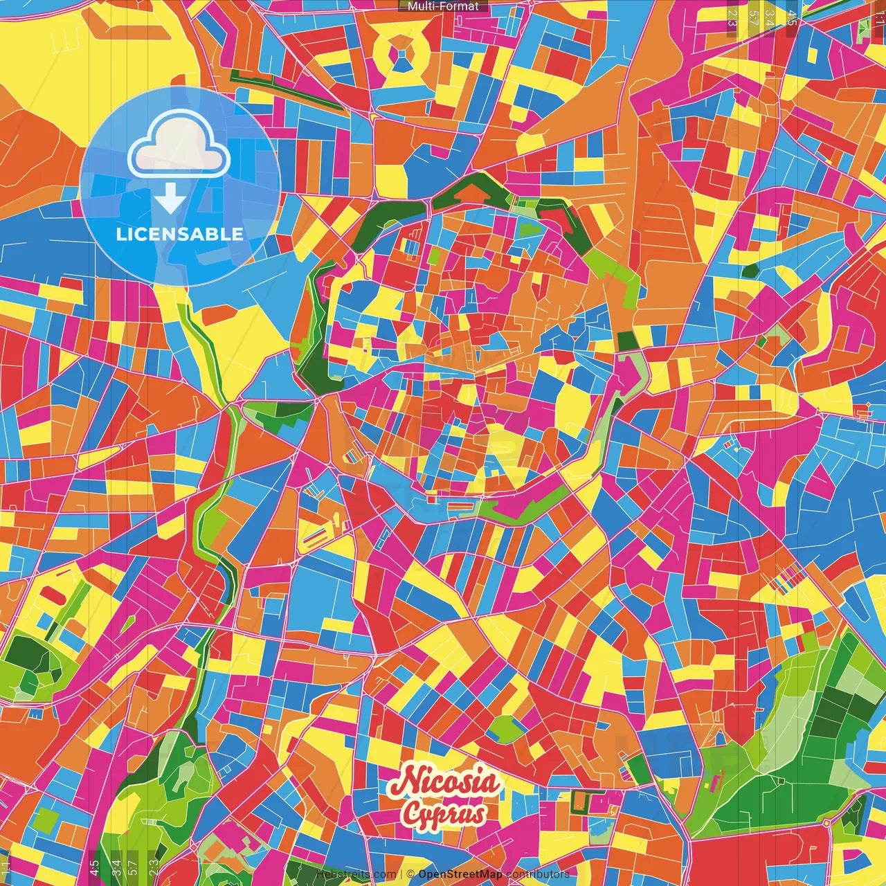 Nicosia  , Nicosia, Cyprus Crazy Colorful Street Map Poster Template