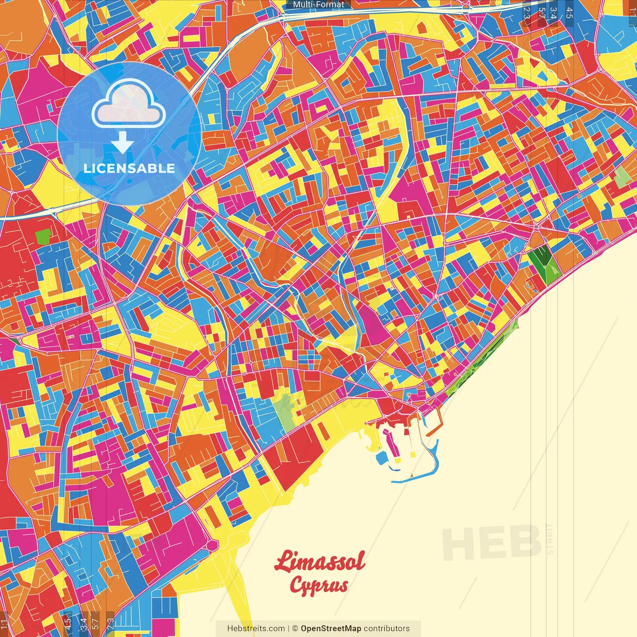 Limassol  , Limassol, Cyprus Crazy Colorful Street Map Poster Template