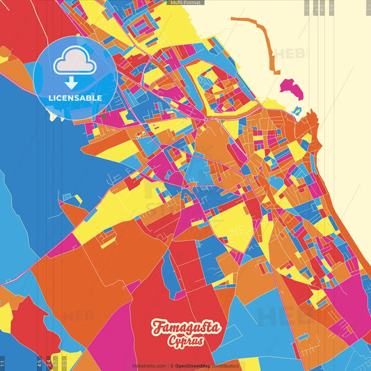 Famagusta  , Ammochostos, Cyprus Crazy Colorful Street Map Poster Template