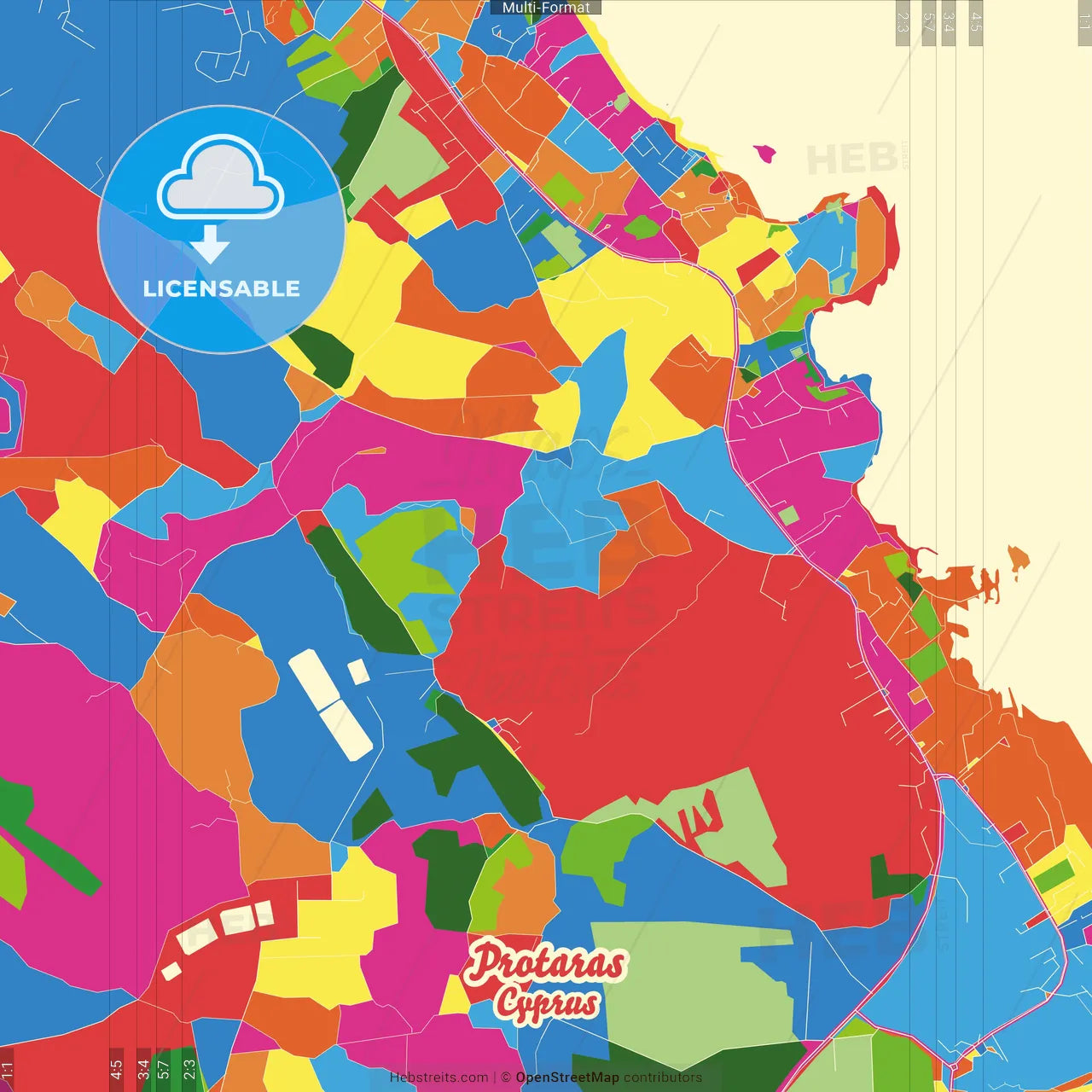Protaras  , Ammochostos, Cyprus Crazy Colorful Street Map Poster Template