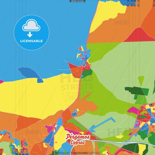 Pérgamos  , Larnaka, Cyprus Crazy Colorful Street Map Poster Template