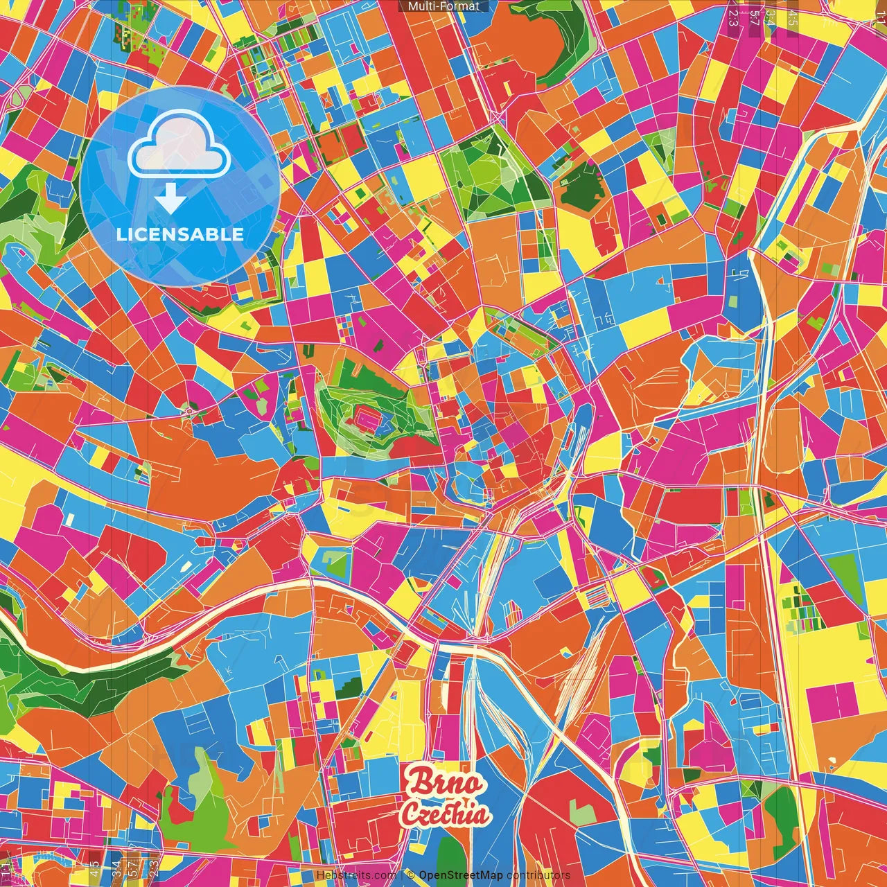 Brno, South Moravian Region, Czechia Crazy Colorful Street Map Poster Template