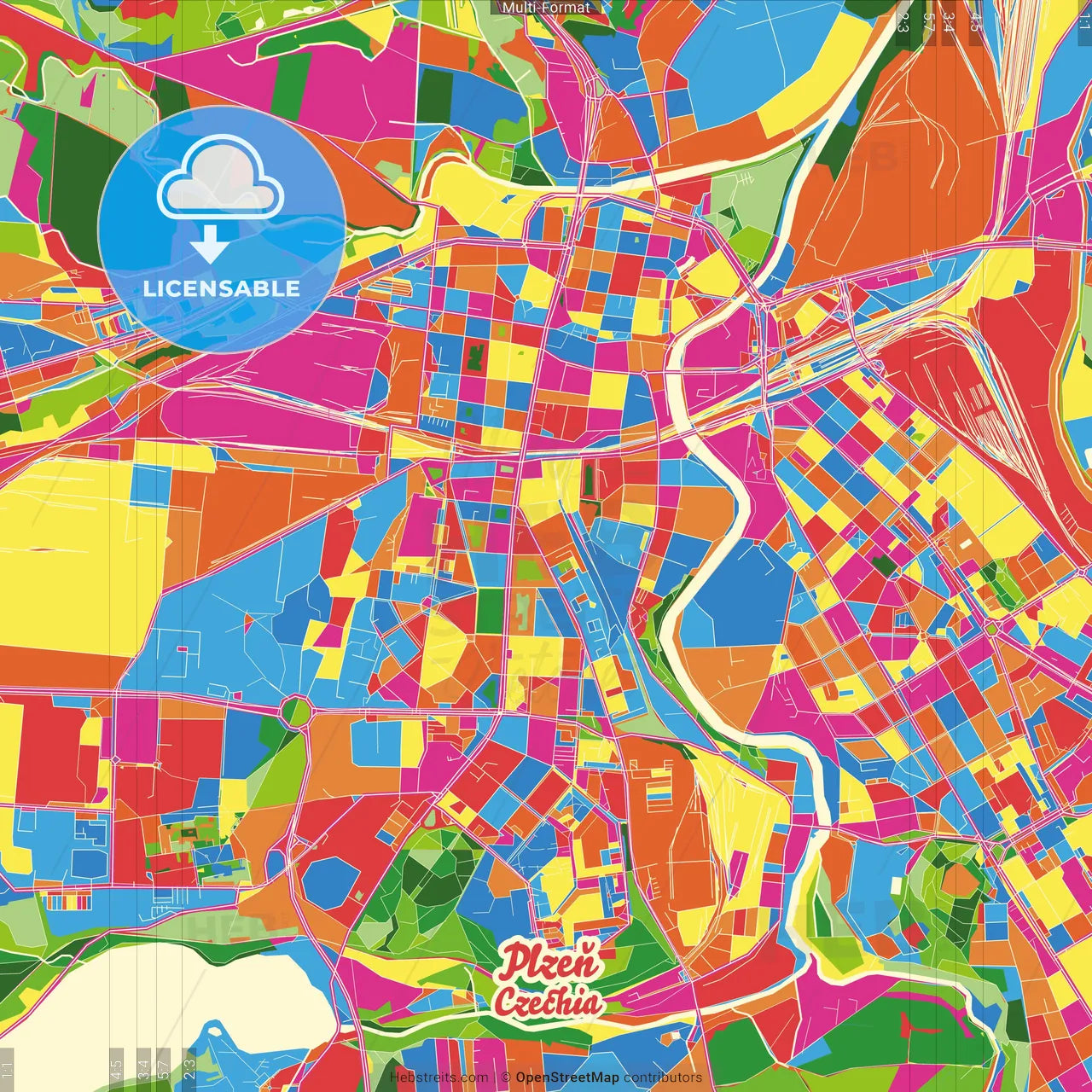 Plzeň, Plzeň Region, Czechia Crazy Colorful Street Map Poster Template