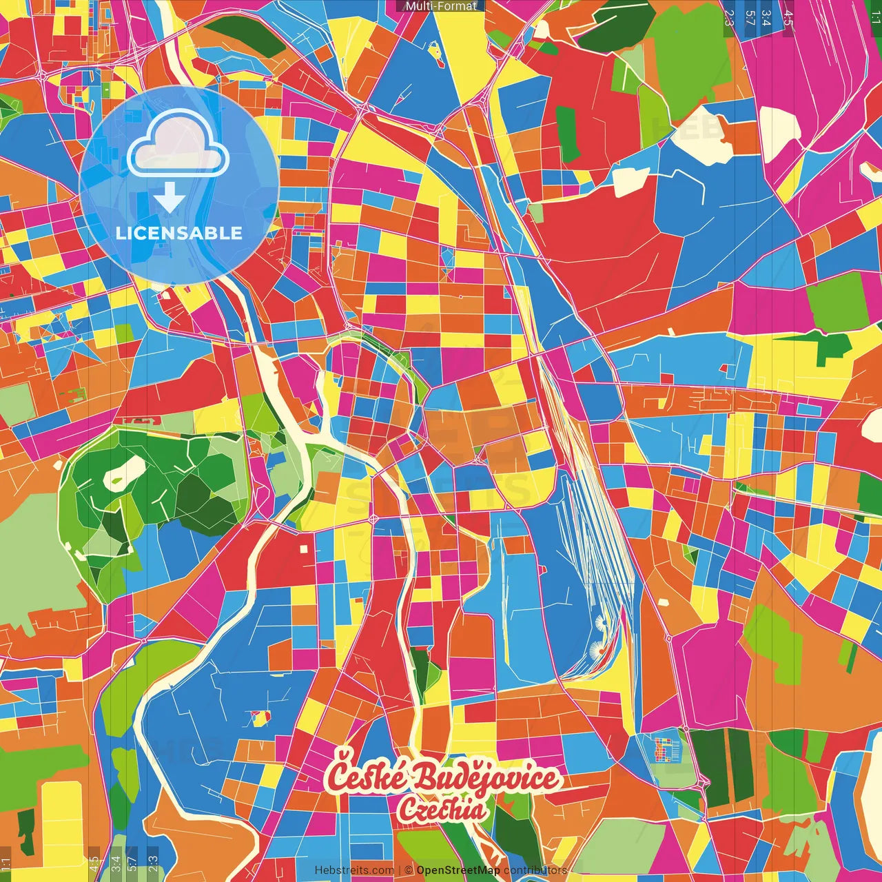 České Budějovice, South Bohemian Region, Czechia Crazy Colorful Street Map Poster Template