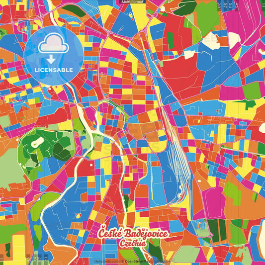 České Budějovice, South Bohemian Region, Czechia Crazy Colorful Street Map Poster Template