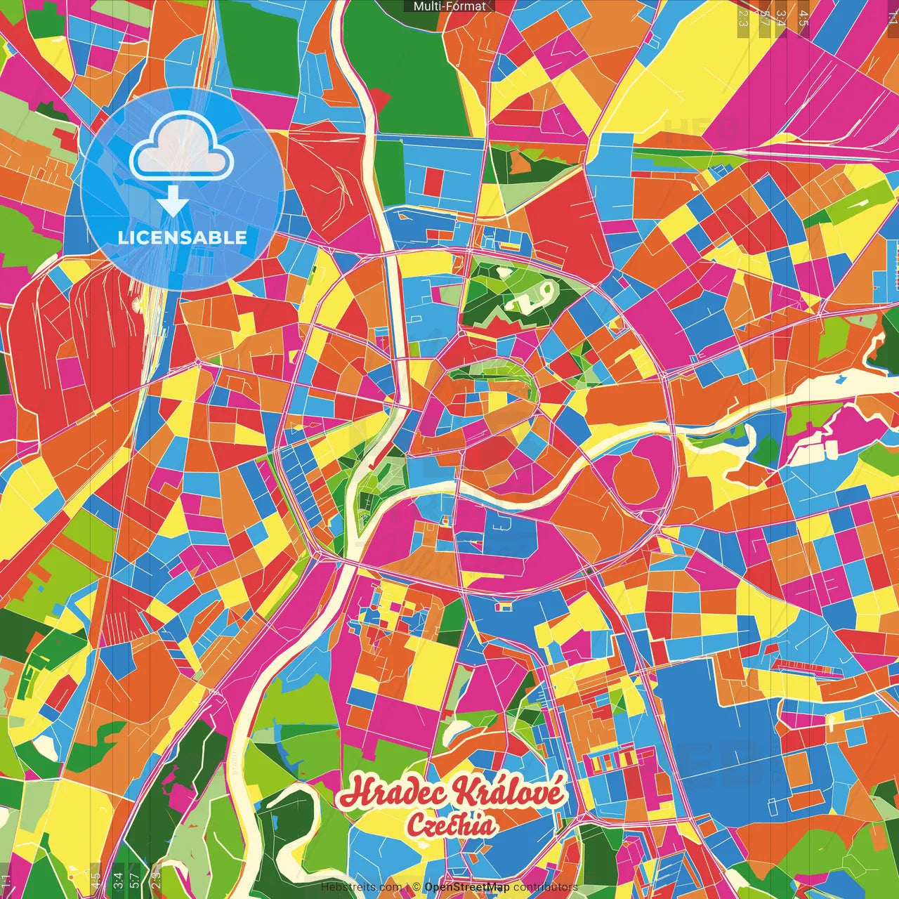 Hradec Králové, Hradec Králové Region, Czechia Crazy Colorful Street Map Poster Template