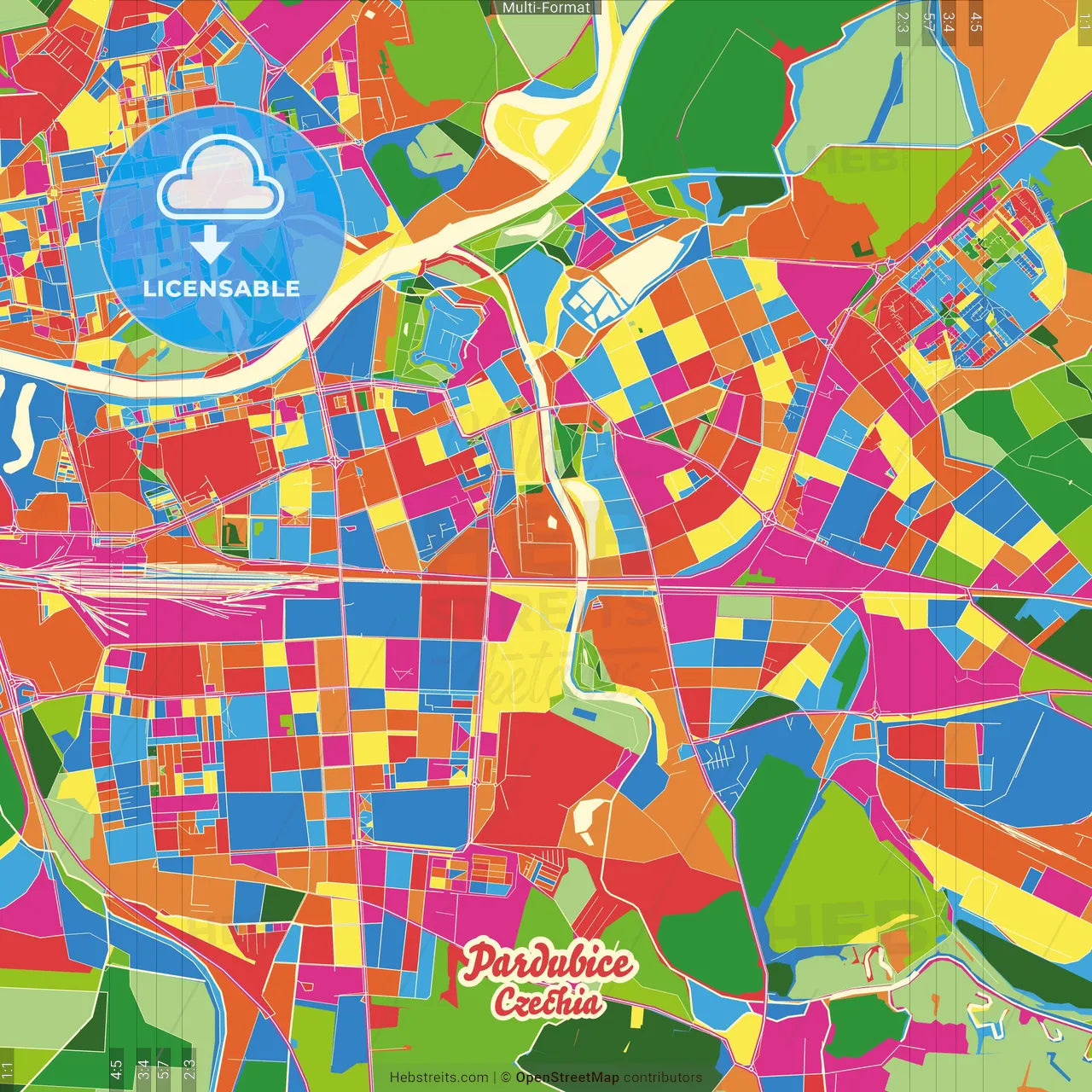 Pardubice, Pardubice Region, Czechia Crazy Colorful Street Map Poster Template