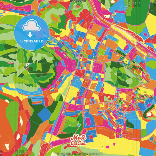 Most, Ústí nad Labem Region, Czechia Crazy Colorful Street Map Poster Template