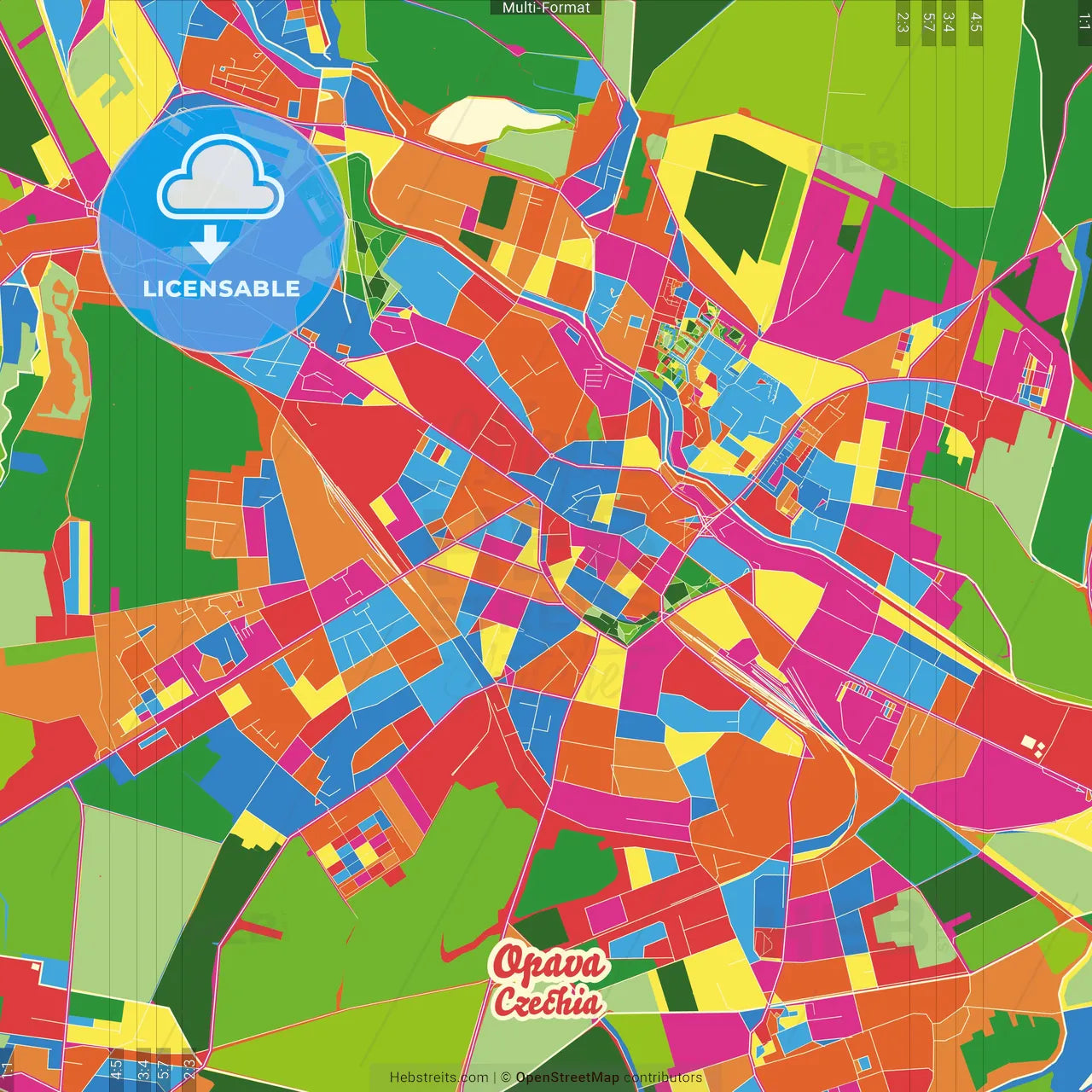 Opava, Moravian-Silesian Region, Czechia Crazy Colorful Street Map Poster Template
