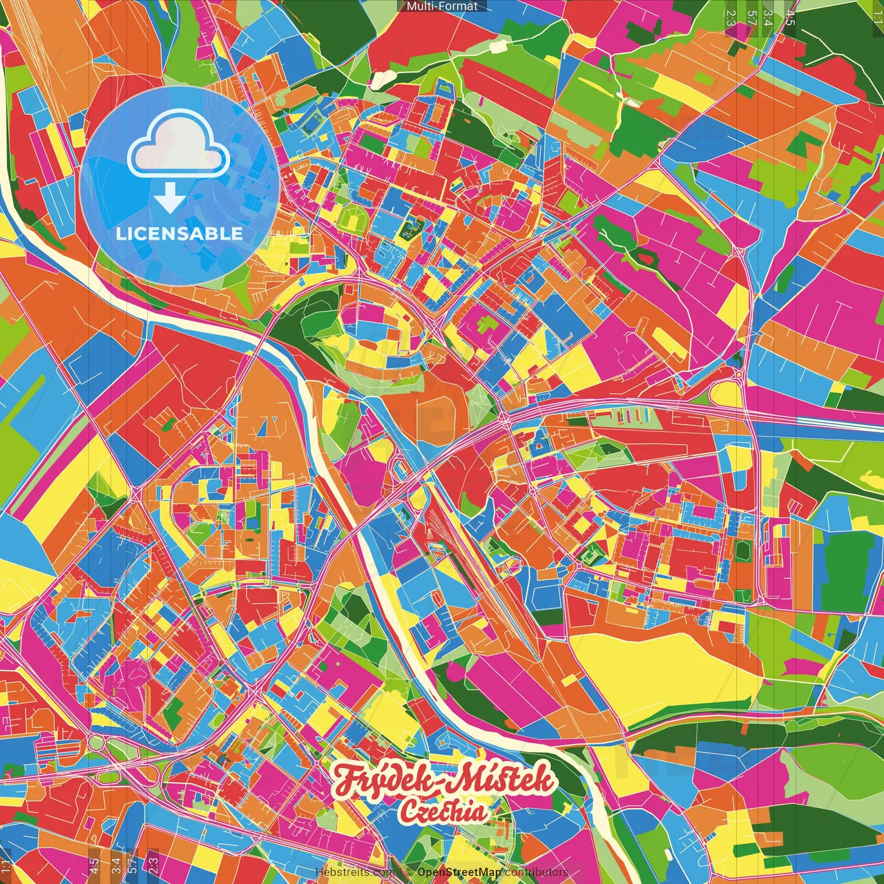 Frýdek-Místek, Moravian-Silesian Region, Czechia Crazy Colorful Street Map Poster Template