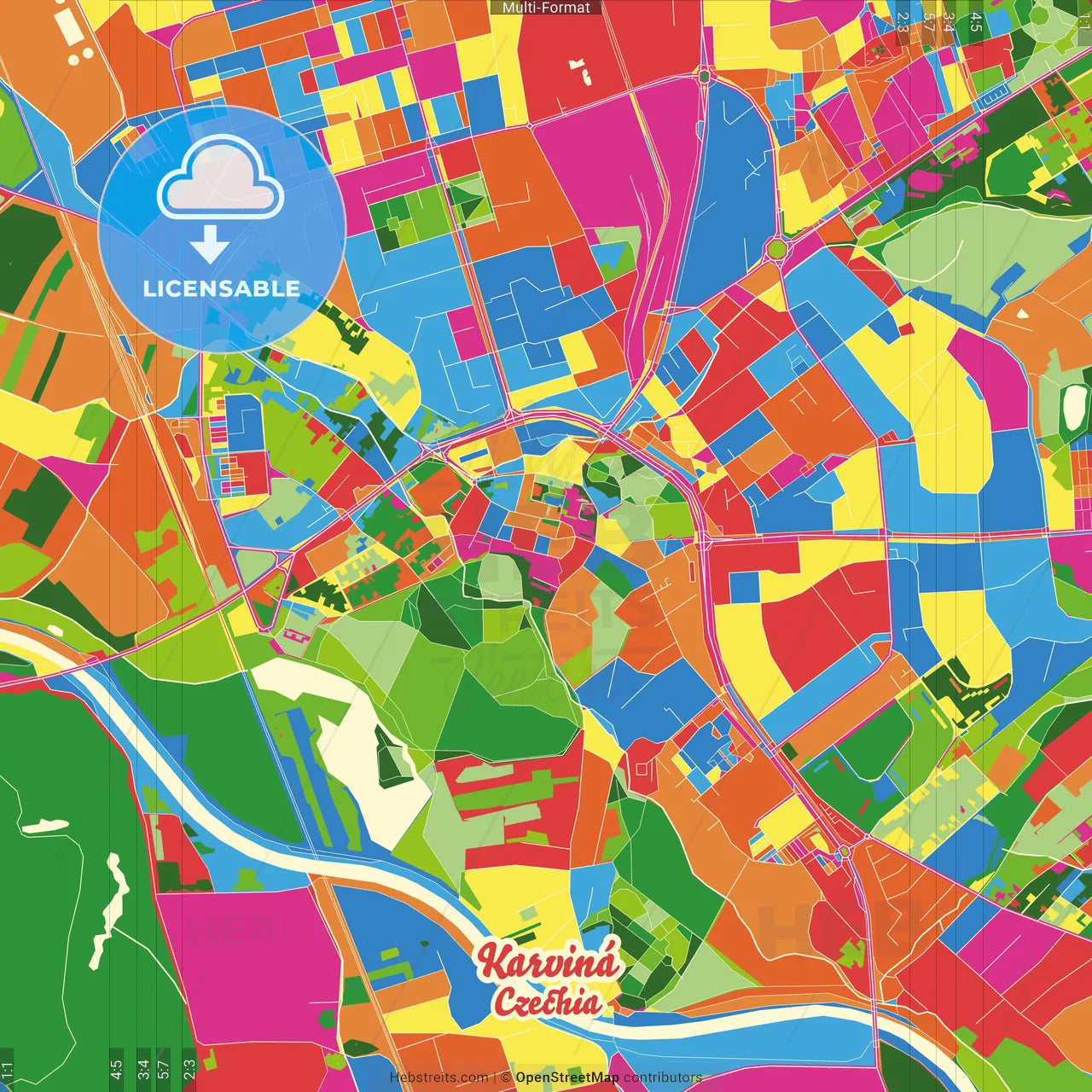 Karviná, Moravian-Silesian Region, Czechia Crazy Colorful Street Map Poster Template