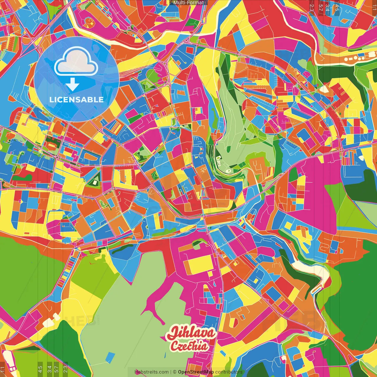 Jihlava, Vysočina Region, Czechia Crazy Colorful Street Map Poster Template