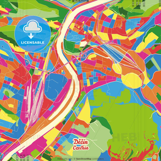 Děčín, Ústí nad Labem Region, Czechia Crazy Colorful Street Map Poster Template