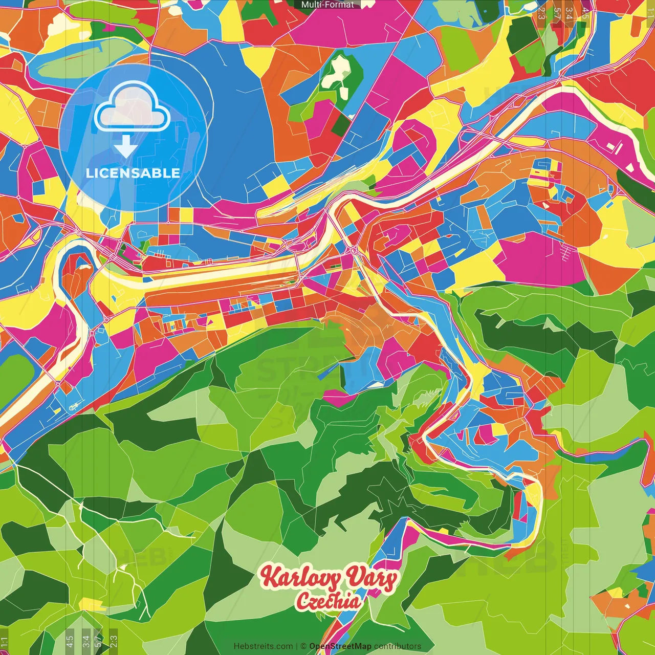 Karlovy Vary, Karlovy Vary Region, Czechia Crazy Colorful Street Map Poster Template