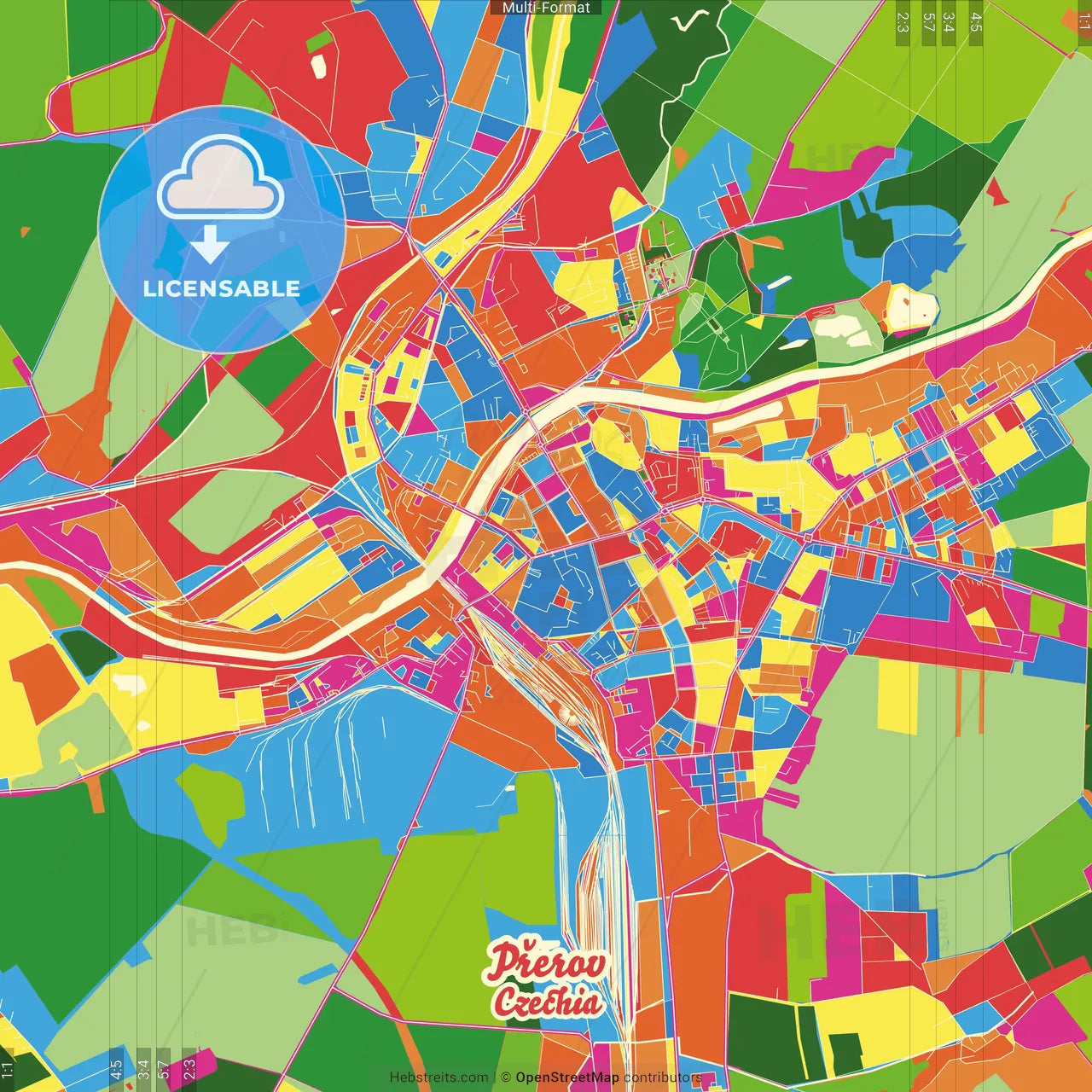 Přerov, Olomouc Region, Czechia Crazy Colorful Street Map Poster Template