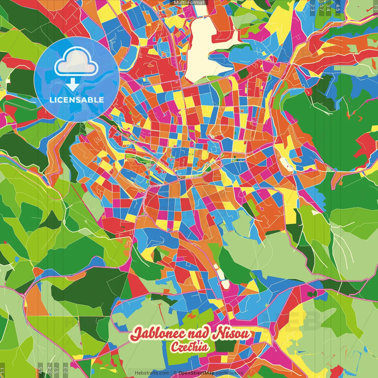 Jablonec nad Nisou, Liberec Region, Czechia Crazy Colorful Street Map Poster Template