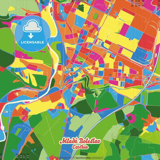 Mladá Boleslav, Central Bohemian Region, Czechia Crazy Colorful Street Map Poster Template