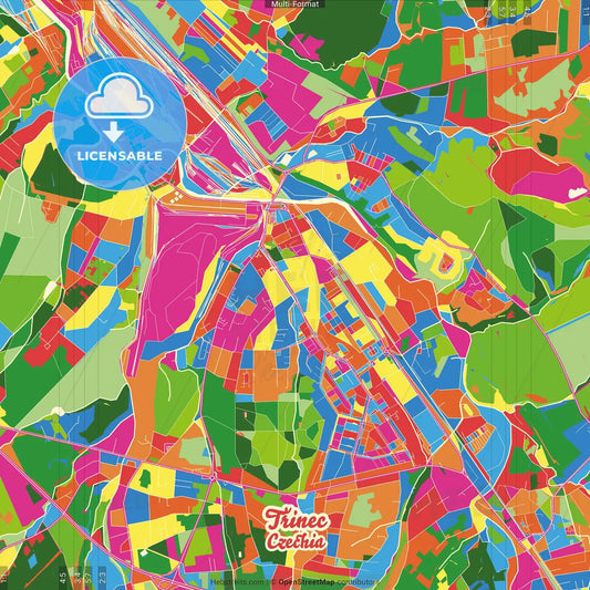 Třinec, Moravian-Silesian Region, Czechia Crazy Colorful Street Map Poster Template