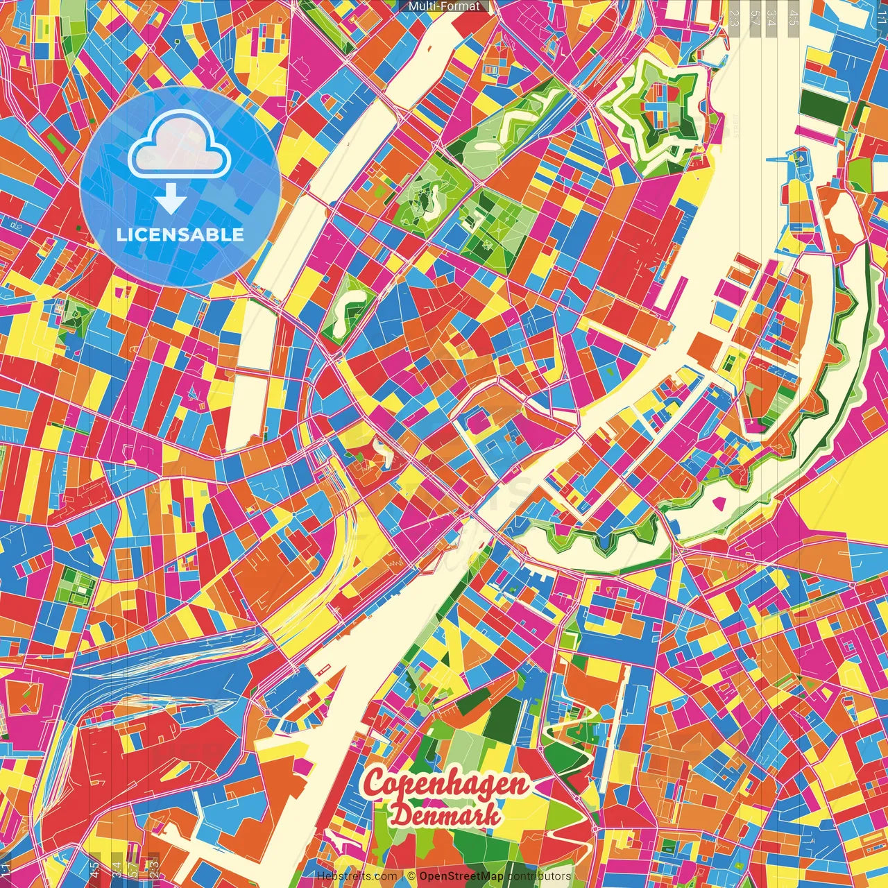 Copenhagen, Denmark Crazy Colorful Street Map Poster Template