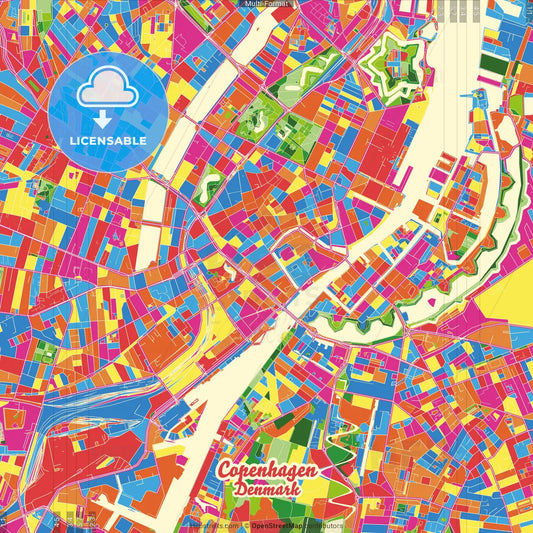 Copenhagen, Denmark Crazy Colorful Street Map Poster Template